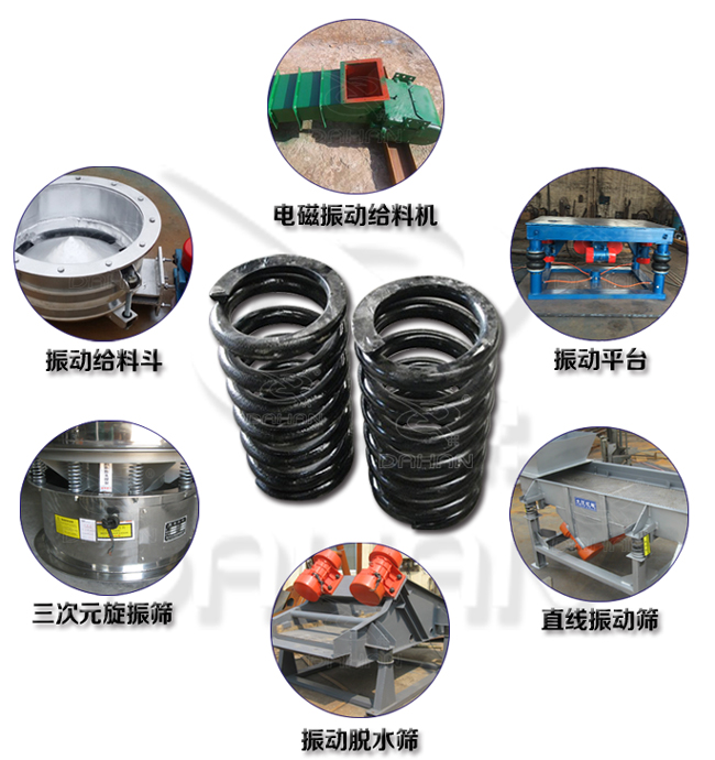 旋振篩減震彈簧適用產(chǎn)品：振動(dòng)給料機(jī)，電磁振動(dòng)給料機(jī)，振動(dòng)平臺(tái)，直線振動(dòng)篩，振動(dòng)脫水篩，三次元旋振篩。