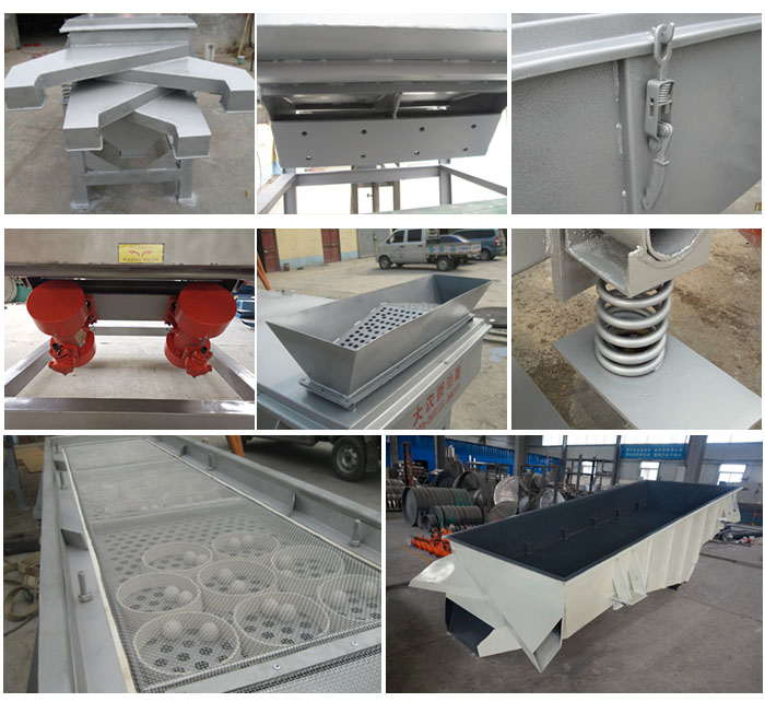 多層直線振動篩由進(jìn)料口,底座,振動電機,篩網(wǎng),篩框,彈簧,出料口等組成。