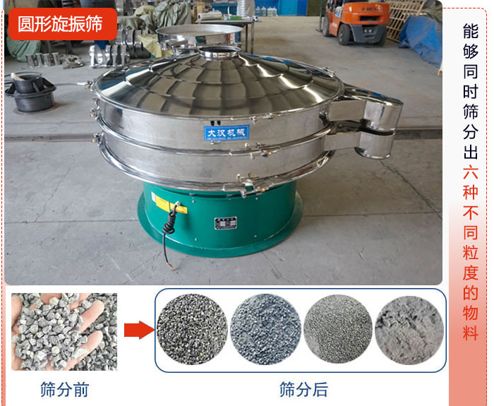圓形旋振篩能夠同時(shí)篩出6種不同顆粒的物料。