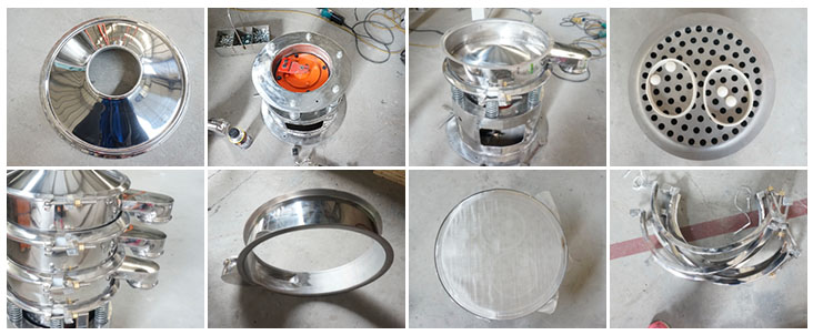 不銹鋼振動篩結(jié)構(gòu)展示：防塵蓋，出料口，閘門，篩網(wǎng)于彈跳球，底座，振動彈簧等。