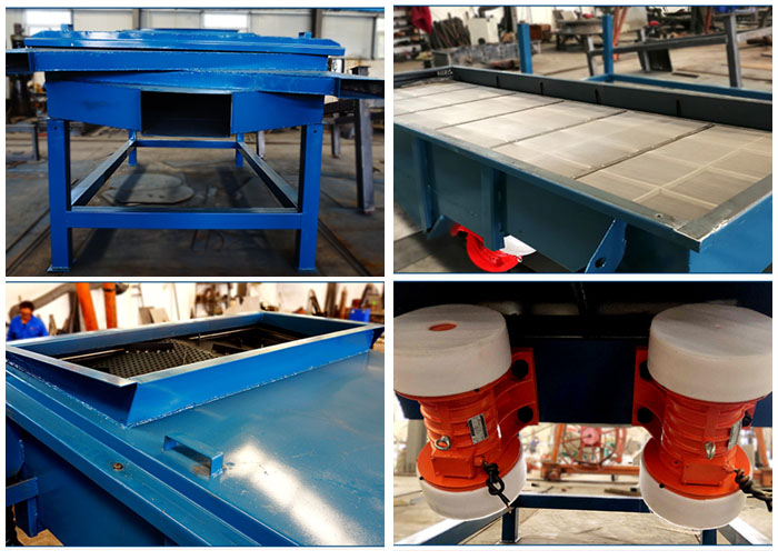 方形振動(dòng)篩出料口，篩網(wǎng)和網(wǎng)架，進(jìn)料口，振動(dòng)電機(jī)等細(xì)節(jié)展示。