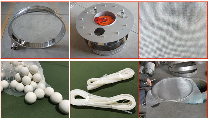 800型全不銹鋼振動(dòng)篩配件有：振動(dòng)篩篩框，電機(jī)，不銹鋼篩網(wǎng)等。