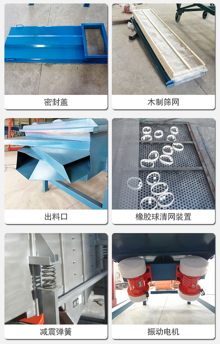 直線篩結(jié)構(gòu)展示：篩網(wǎng)，篩箱，振動電機(jī)，振動電機(jī)座，減震彈簧，支架等部件展示圖