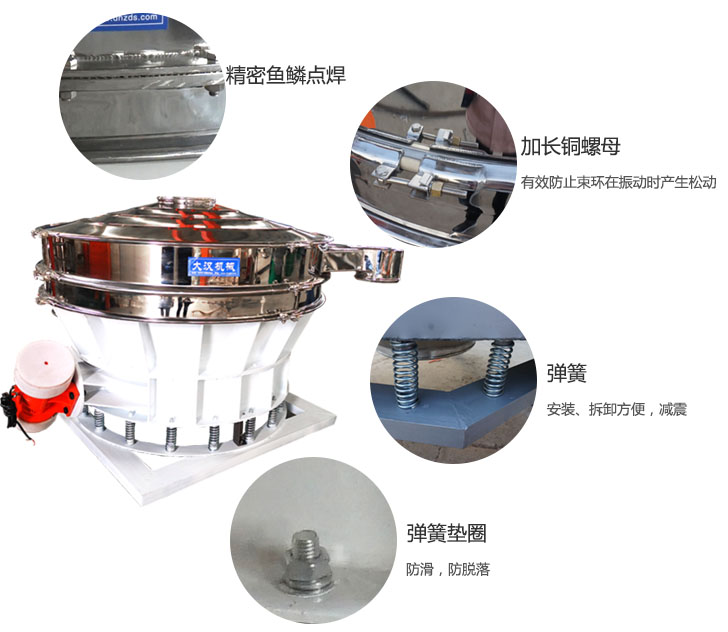 1500直排篩細(xì)節(jié)展示：彈簧，彈簧墊圈，加長銅螺母。