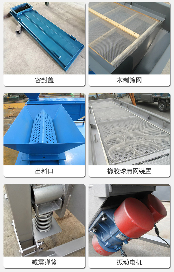 直線篩分機的結(jié)構(gòu)展示圖：篩箱是物料主要篩分設(shè)備之一，篩網(wǎng)用于篩分物料，振動電機幫助篩網(wǎng)篩分。
