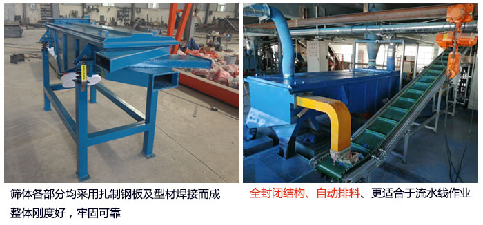 直線篩分機篩體各部分均采用扎制鋼板及型材焊接而成整體剛度好，牢固可靠；全封閉結(jié)構(gòu)、自動排料、更適合于流水線作業(yè)。