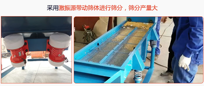 采用激振源帶動篩體進(jìn)行篩分，篩分產(chǎn)量大。