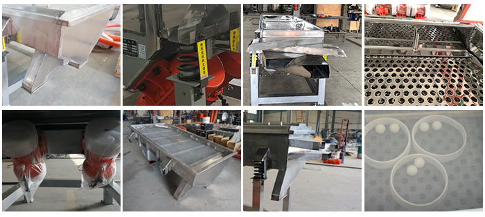 不銹鋼直線篩不同定制出料口，電機，篩網(wǎng)，篩箱，彈跳球等部件細節(jié)展示