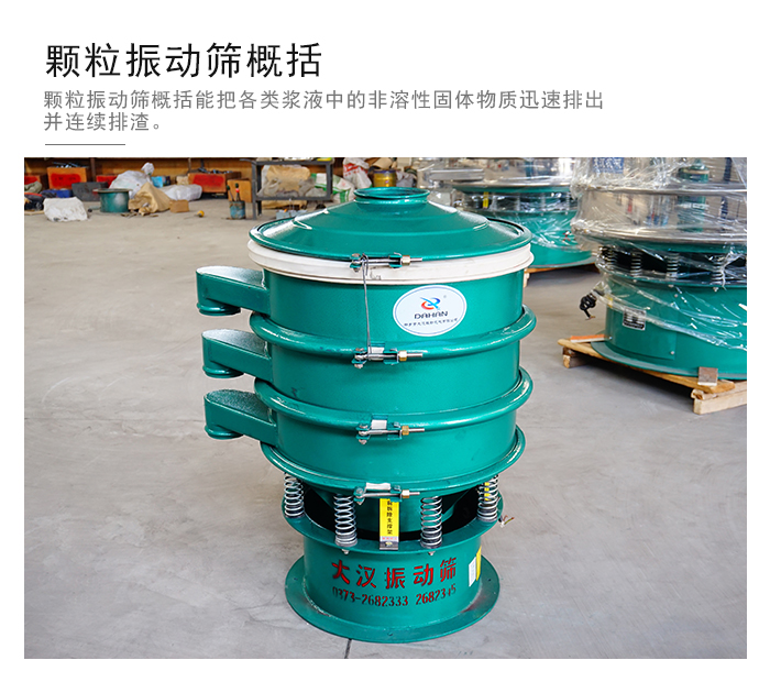 顆粒式振動篩是針對顆粒狀物料進行研發(fā)的，由于顆粒的形狀有很多的不同所以，廠家在清網(wǎng)裝置方面進行提升效率。