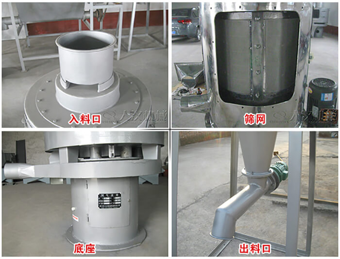 氣流篩部件展示：入料口，篩網(wǎng)，底座，出料口等。