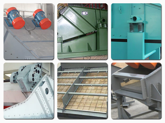 礦用振動(dòng)篩主要由激振器、篩體、篩網(wǎng)、減振裝置及座架等組成。篩箱由篩框、篩板、襯板等組成