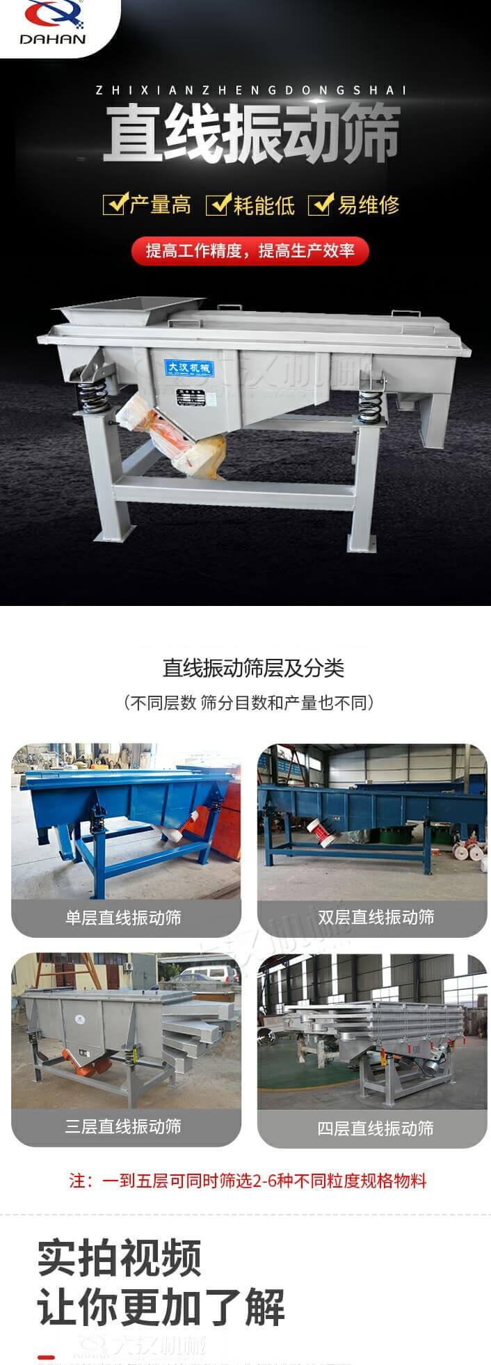 直線振動(dòng)篩概述，產(chǎn)量高，耗能低，易維修，提高工作精度，提高生產(chǎn)效率，直線振動(dòng)篩層級(jí)分類：不同層數(shù)，篩分目數(shù)和產(chǎn)量也不同：?jiǎn)螌?，雙層，三層，四層等。