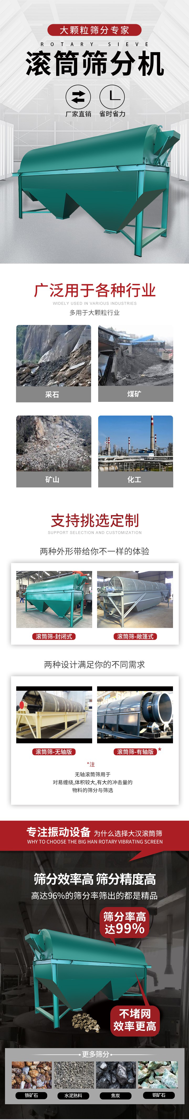 滾筒篩分機(jī)大顆粒篩分專家：廠家直銷，省時(shí)省力。滾筒篩被廣泛應(yīng)用各種行業(yè)：多用于大顆粒行業(yè)例如：采石，煤礦，礦山，化工等。滾筒篩定制類型有哪些：封閉式與敞篷式產(chǎn)品結(jié)構(gòu)分為：無軸式，有軸式兩種，無軸滾筒篩用于對(duì)纏繞，體積較大，有大的沖擊量的物料的篩分與篩選。滾筒篩篩分效率高篩分精度能夠達(dá)到：96%也比較適用于鐵礦石，水泥熟料，焦炭，銅礦石。滾筒篩特點(diǎn)：不飛粉末：密封隔離罩，密封性好，工作過程不會(huì)出現(xiàn)飛粉現(xiàn)象。外型尺寸是按筒體長(zhǎng)計(jì)