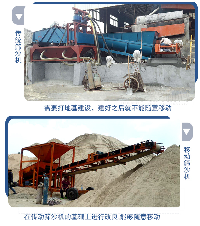 移動的篩沙機在安裝前需要打地基，而固定完畢后就不能隨意的移動，而移動篩沙機不需要打地并且隨時能夠進行移動。