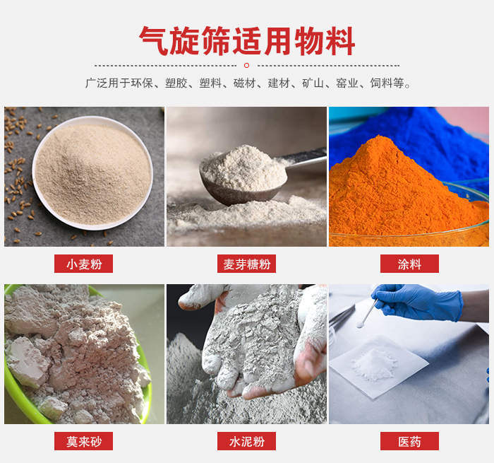 氣旋篩適用物料：小麥粉，麥芽糖粉，涂料，等粉狀物料。