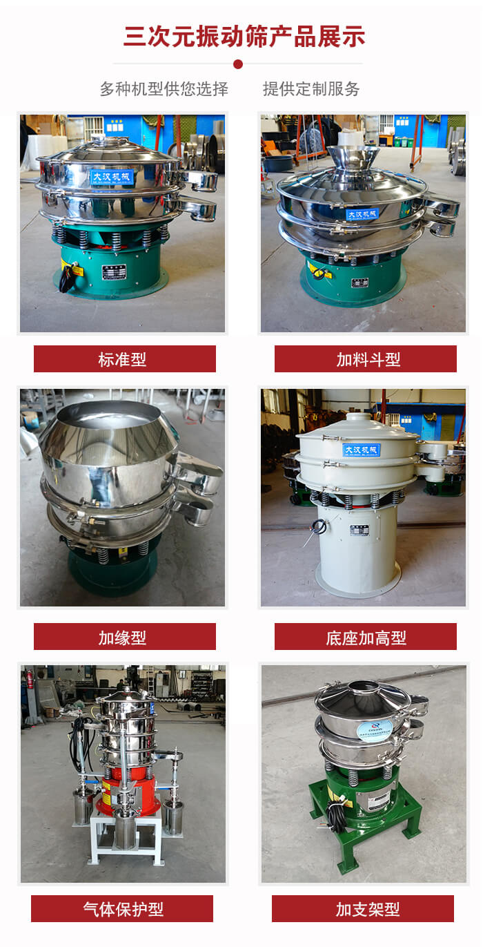 三次元振動(dòng)篩不同結(jié)構(gòu)展示：標(biāo)準(zhǔn)型，加料斗型，加緣型，底座加高型，氣體保護(hù)型，加支架型。