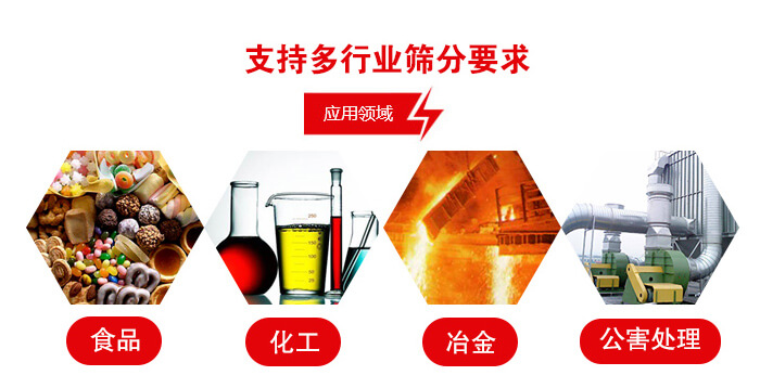旋振篩適用的行業(yè)：食品行業(yè)，化工行業(yè)，冶金行業(yè)，公害處理等。