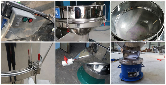 過濾篩細(xì)節(jié)展示：控制開關(guān)，篩框，出料口閥門，底座等